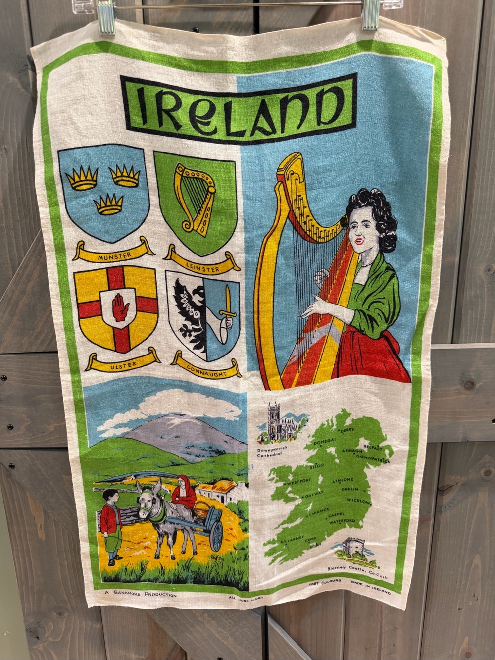 Vintage Ireland Pure Linen Tea Towel Map Blarney Castle Bankmore Made in Ireland